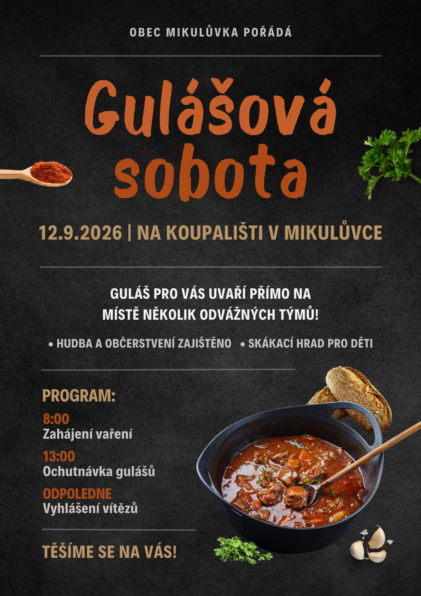 Gulášová sobota, 12.9.2026 na koupališti v Mikulůvce, začátek v 8:00